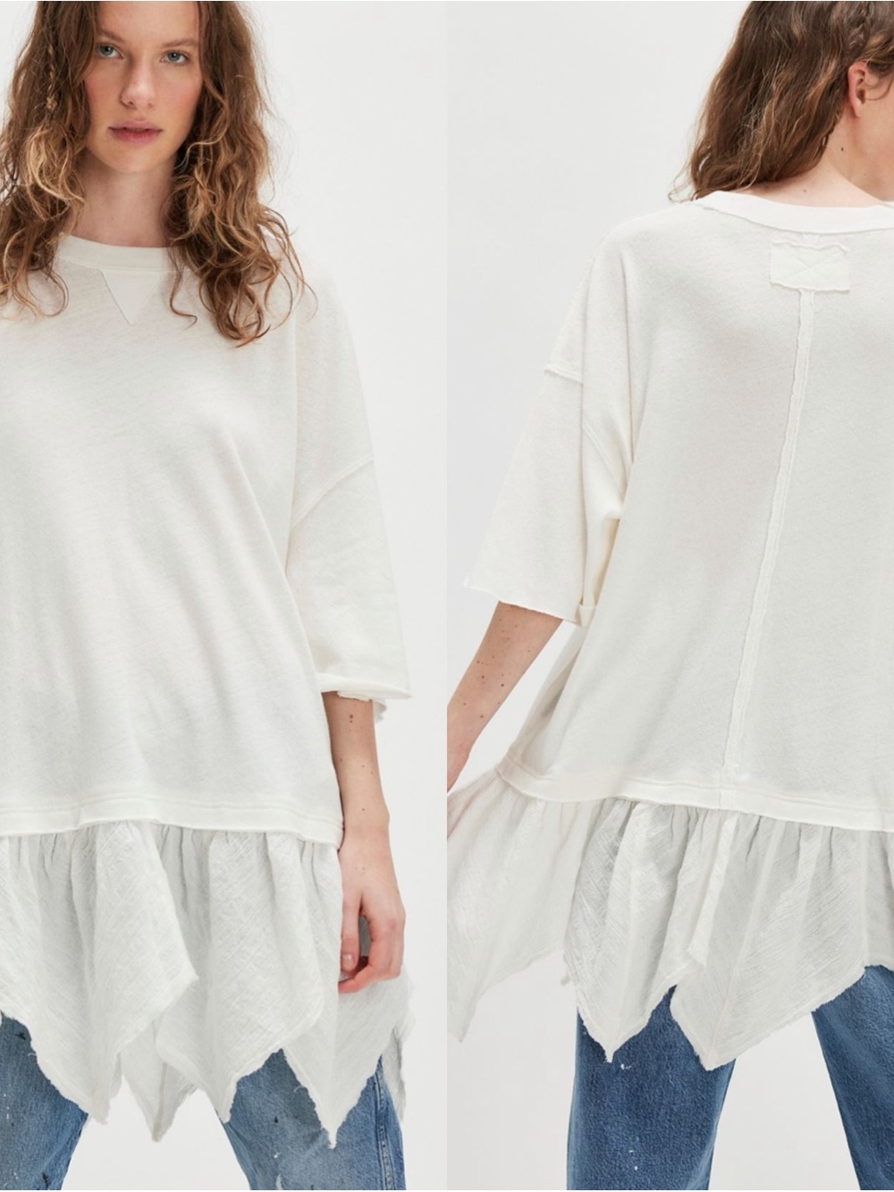 Free People Oversized Cream Ruffle Hem Tunic Top